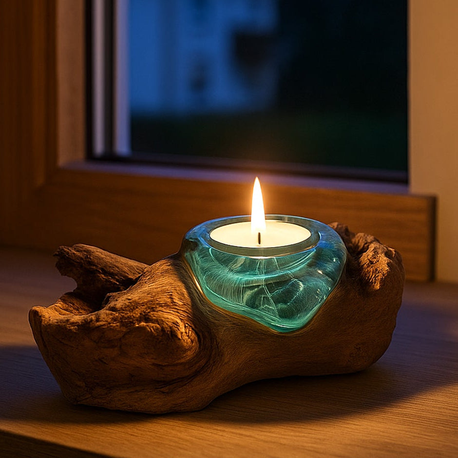 BALI tea light holder made of glass and root wood