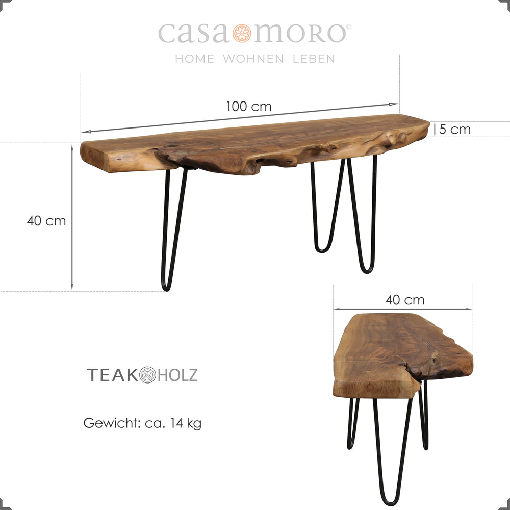Handcrafted wooden bench made of solid teak with expressive grain and organic edge