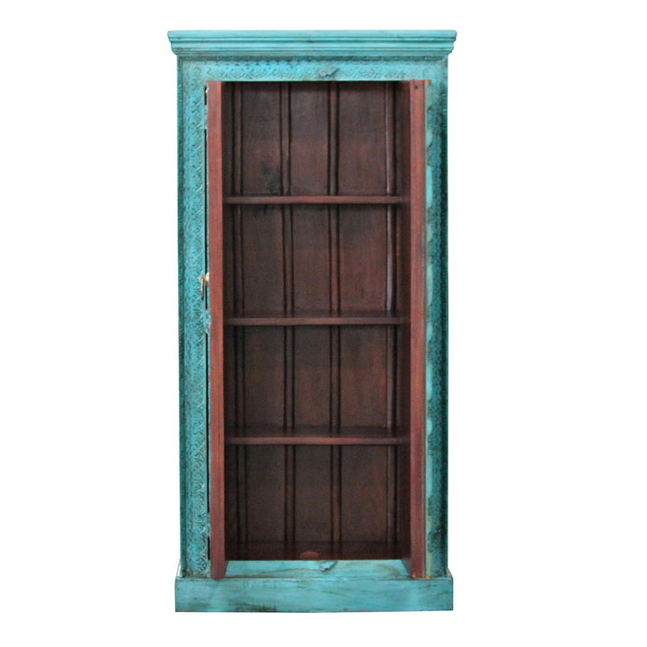Open mango wood cupboard with three shelves forming four compartments inside the turquoise frame.