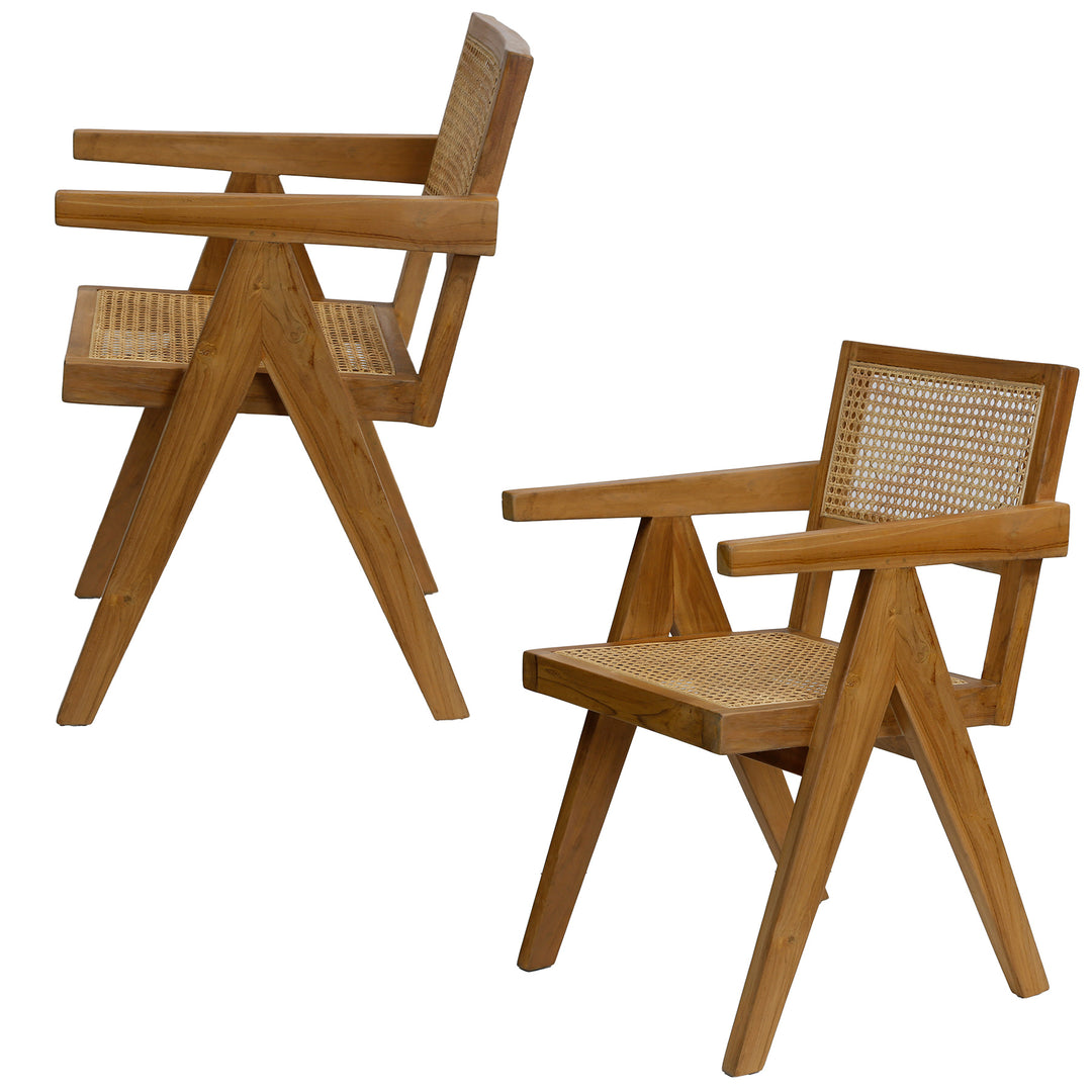 Two armchairs with Viennese weave made of teak, side view with clear lines and armrest