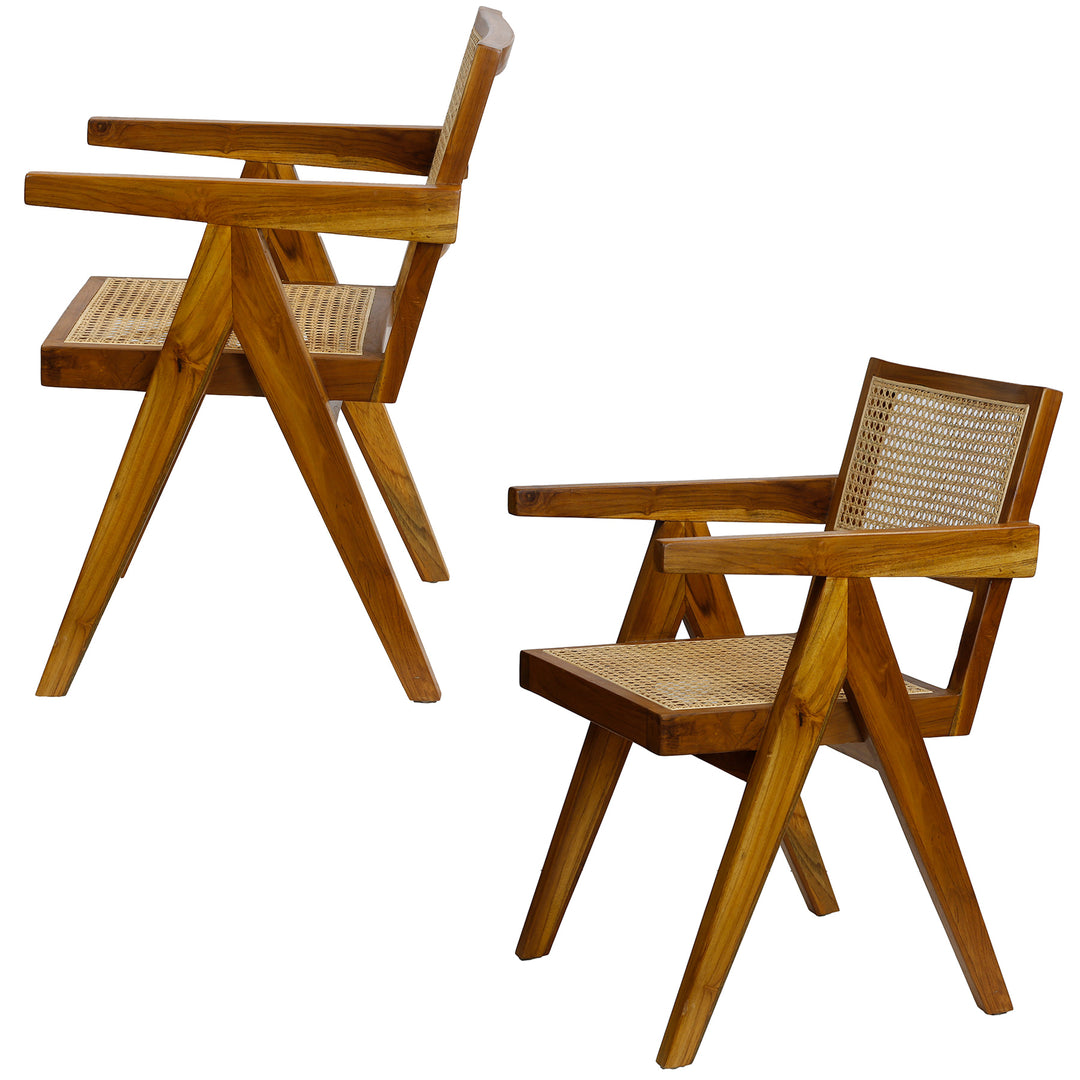 Two views of the Viennese wicker armchair in teak brown, handcrafted from solid wood with rattan seat