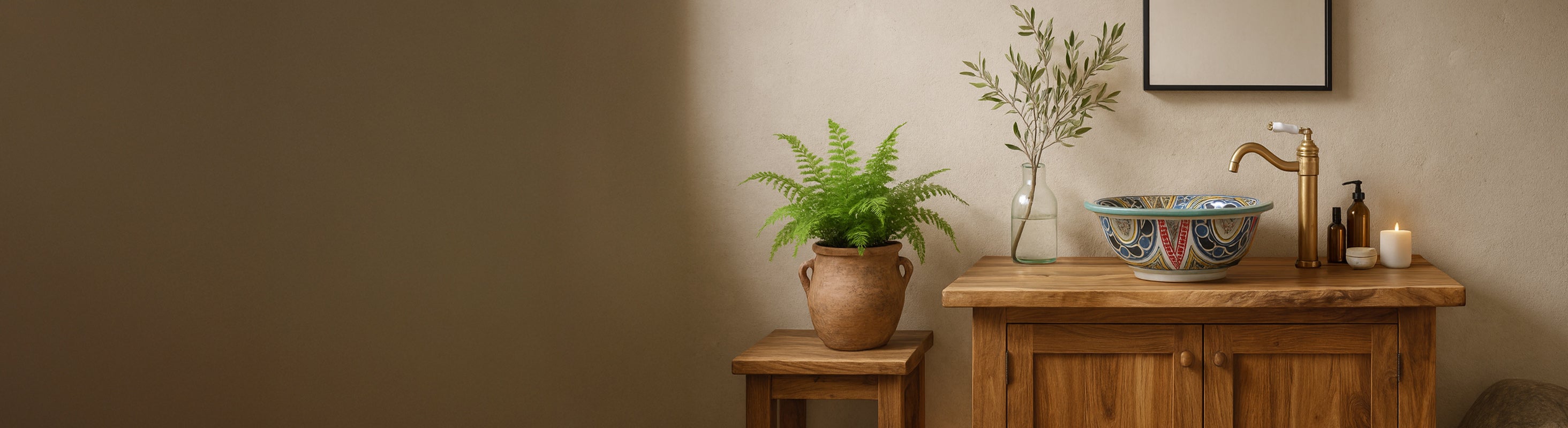 Ceramics Washbasin – Atmospheric country house bathroom with white tiled wall, natural stone, rustic wooden washbasin and colorful Moroccan Ceramic washbasin