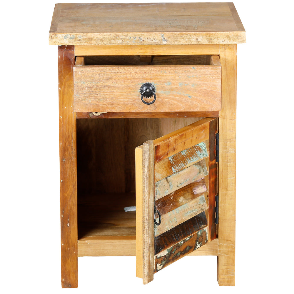 Chest of drawers made of solid reclaimed wood with open door and drawer, visible interior, wooden front and metal ring handles