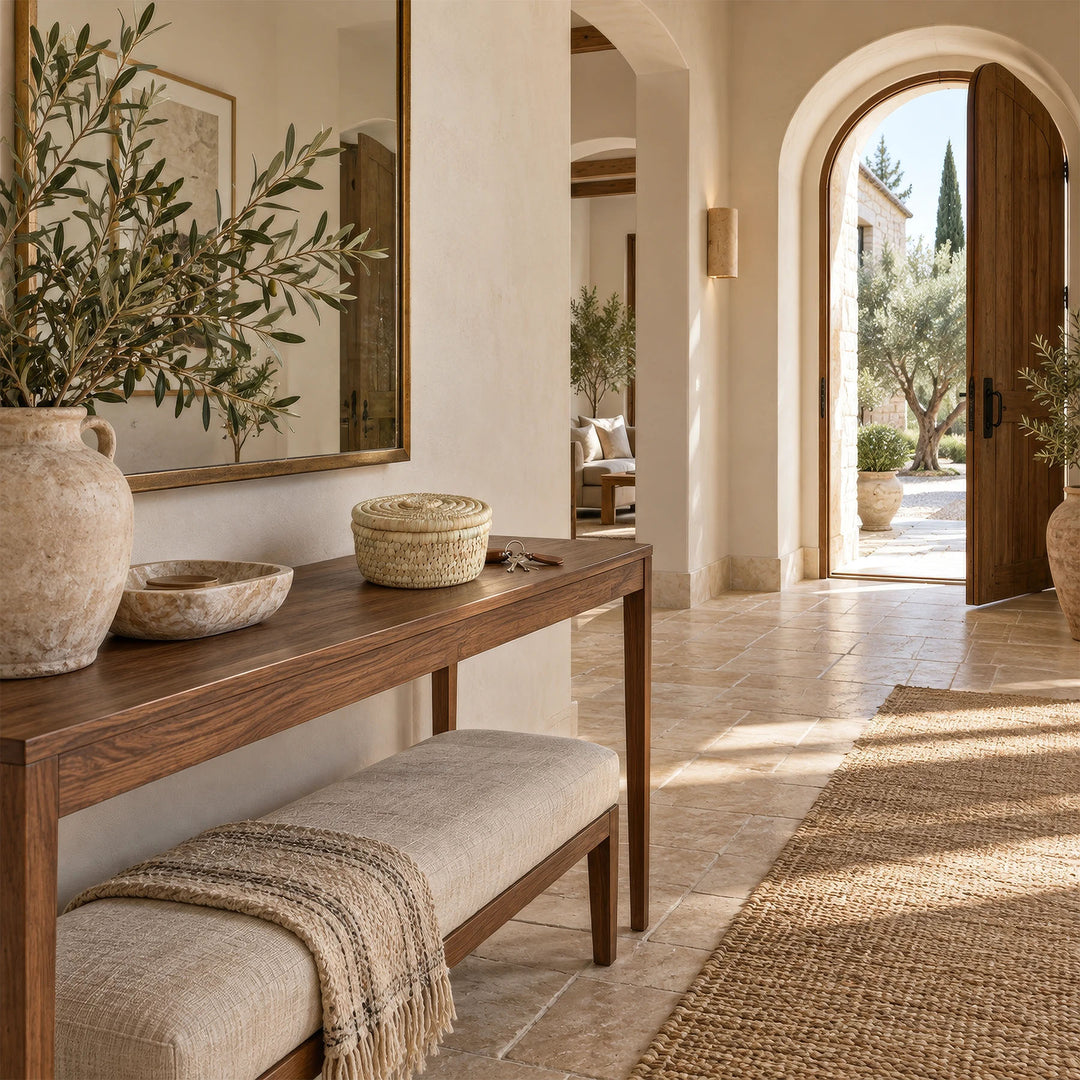 Closed round palm leaf basket on a hallway console with an open arched door.