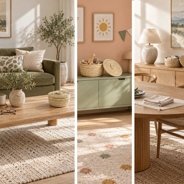 Three scenes with round palm leaf basket: coffee table, child’s bedroom chest and console with a lamp.