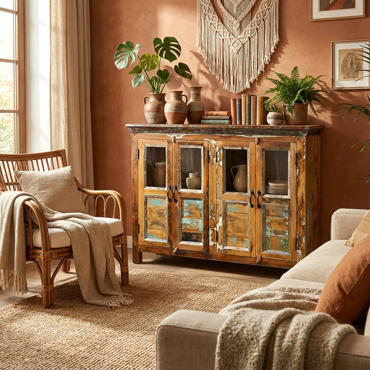 Solid wood sideboard with glass doors in a boho living room