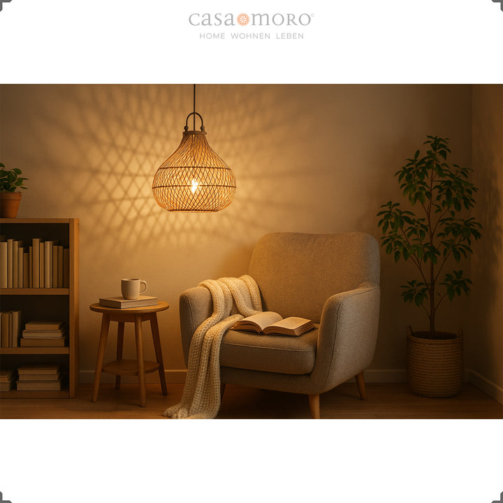 Rattan lampshade over armchair in cozy reading corner, warm light creates cozy atmosphere