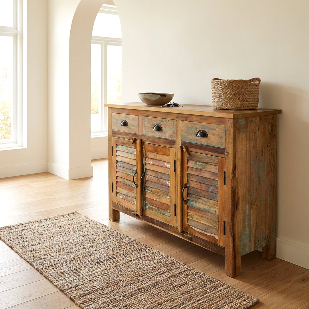  Highboard made of solid wood and old wood in a vintage country house style, placed in the bright living room
