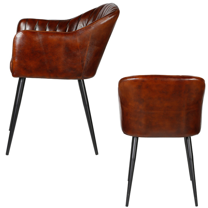 Side and rear view of an antique brown genuine leather chair with vertical quilting and a black metal frame - detailed representation of shape and material.