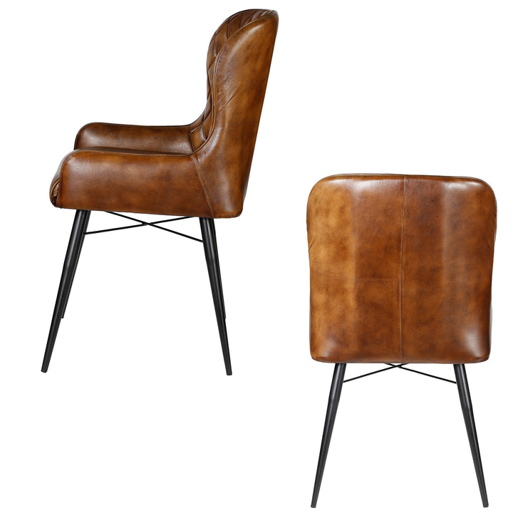 Side and back view of an antique brown genuine leather chair with a gently curved backrest, black metal frame and fine patina.