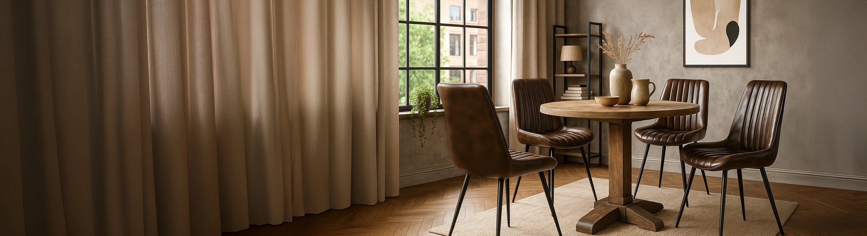 Leather chairs – Brown leather swivel chairs at the round dining table in the living room - dining room chairs with metal frame in modern living room