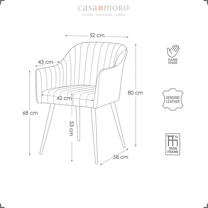 Dimensional drawing of an antique brown genuine leather chair with dimensions - width 52 cm, depth 58 cm, height 80 cm, seat height 53 cm, armrest height 68 cm, black metal frame.