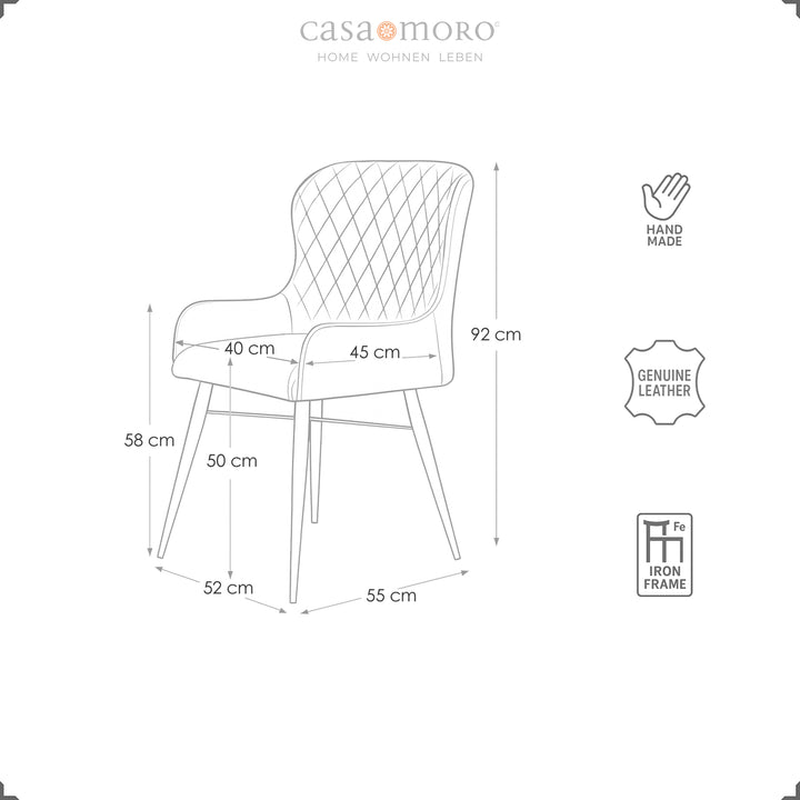 Dimensional drawing of a leather chair in antique brown with dimensions - width 52 cm, depth 55 cm, height 92 cm, genuine leather cover with diamond quilting and black metal frame.