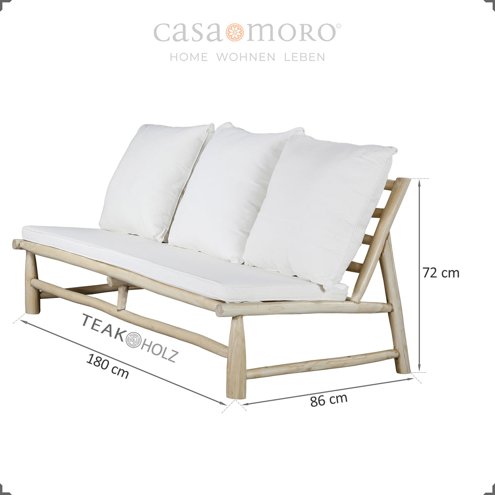 Three-seater outdoor lounge sofa made of teak, including comfortable cushions in cream-white