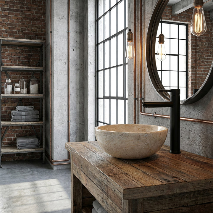 Round countertop basin made of light natural stone on a rustic wooden washbasin with black fittings in the industrial loft bathroom
