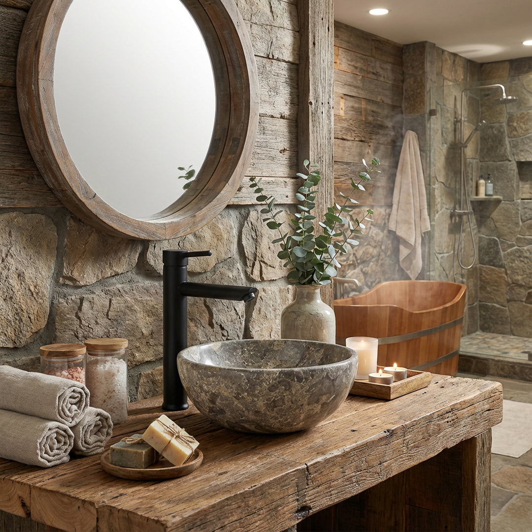 Round natural stone countertop washbasin with gray-brown grain on a solid wooden table in the rustic spa bathroom, combined with black fittings, wooden bathtub, candles and natural stone walls