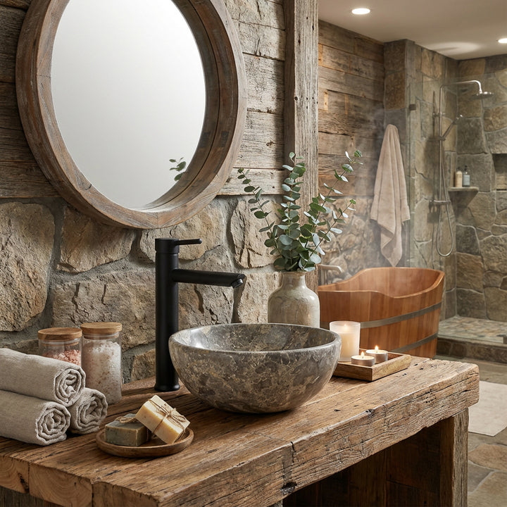 Round natural stone countertop washbasin with gray-brown grain on a solid wooden table in the rustic spa bathroom, combined with black fittings, wooden bathtub, candles and natural stone walls