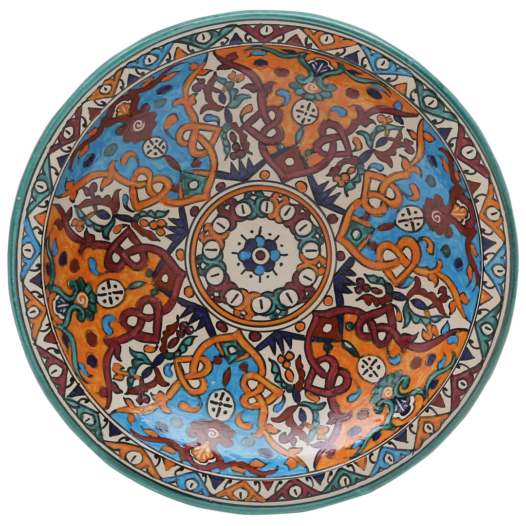 Moroccan ceramic bowl from Fès, hand-painted in turquoise and orange, Ø 35 cm