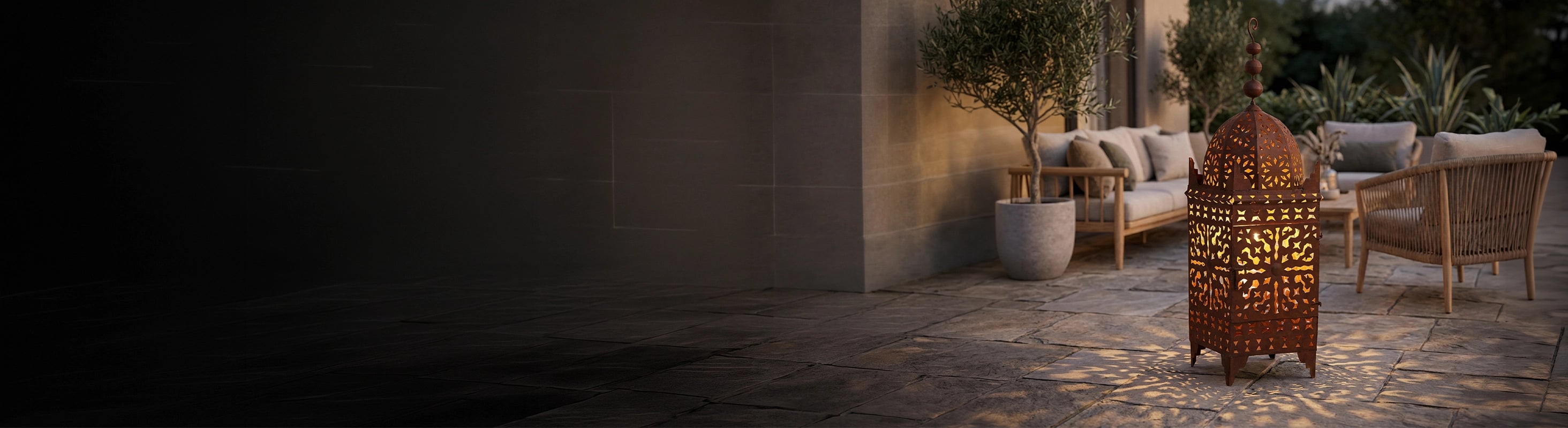 Metal lanterns – Moroccan metal lantern in the garden on the terrace with warm light and ornamental shadows - iron lantern for outdoor and living room