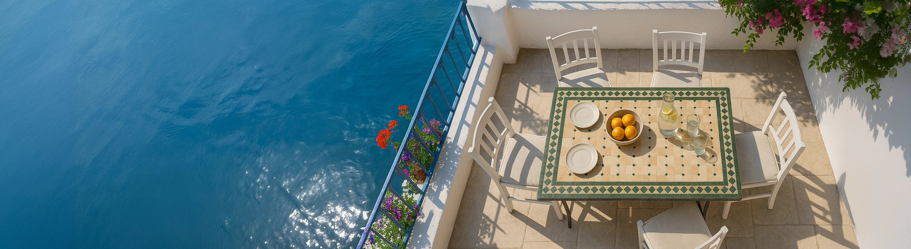 Mosaic tables 120x80 – Mosaic table 120x80 cm in rectangular shape with seating area on the balcony or terrace by the sea - large table for shared meals
