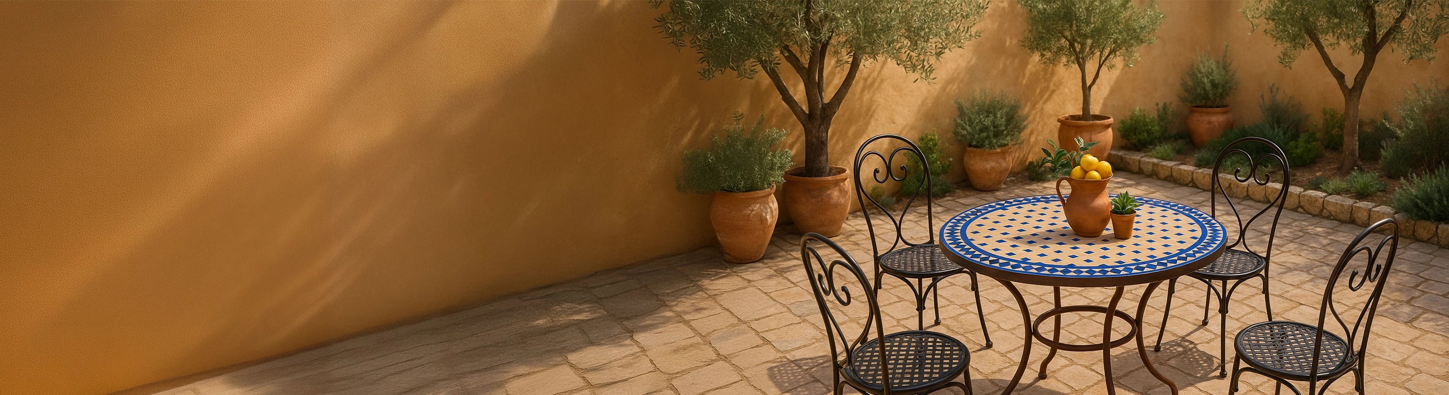 Mosaic tables Ø80 – Large round mosaic table Ø80 cm with zellige tiles and four chairs in the garden on the terrace with plants and a Mediterranean environment