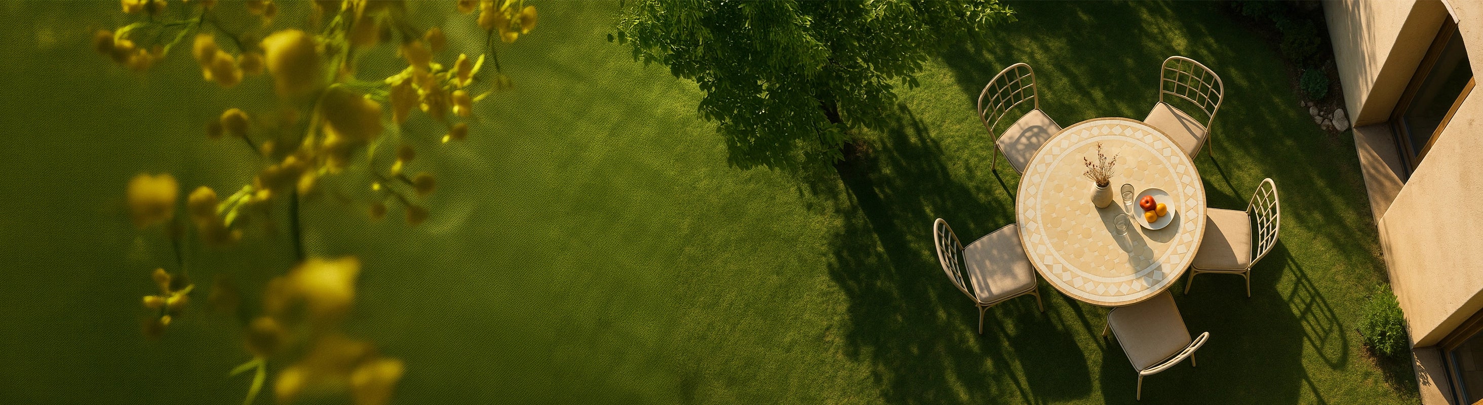Mosaic tables Ø90 – Large round mosaic table Ø90 cm with zellige tiles from a bird's eye view in the garden with four seats and summery lighting