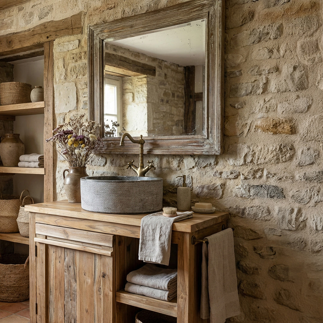 Round countertop washbasin made of marble on a rustic wooden washbasin, staged in a warm country house bathroom with a natural stone wall.