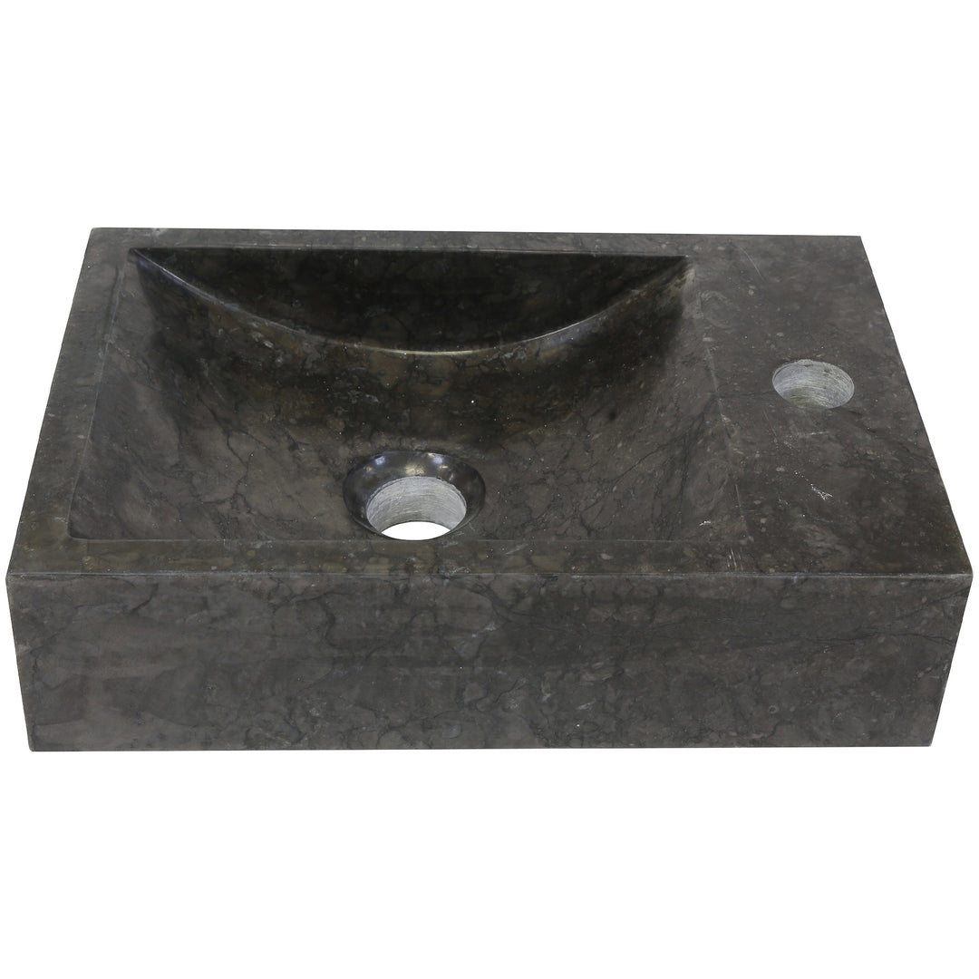 Square stone countertop washbasin with dark grain in an isolated product view, with integrated tap hole and central drain