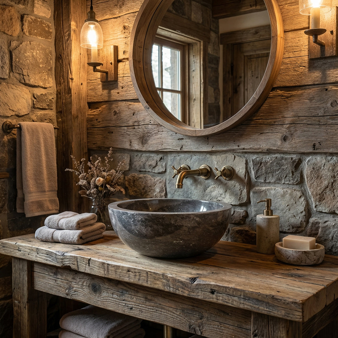 Round Washbasin made of dark stone on a rustic wooden console with brass fittings in a cozy chalet bathroom ambience