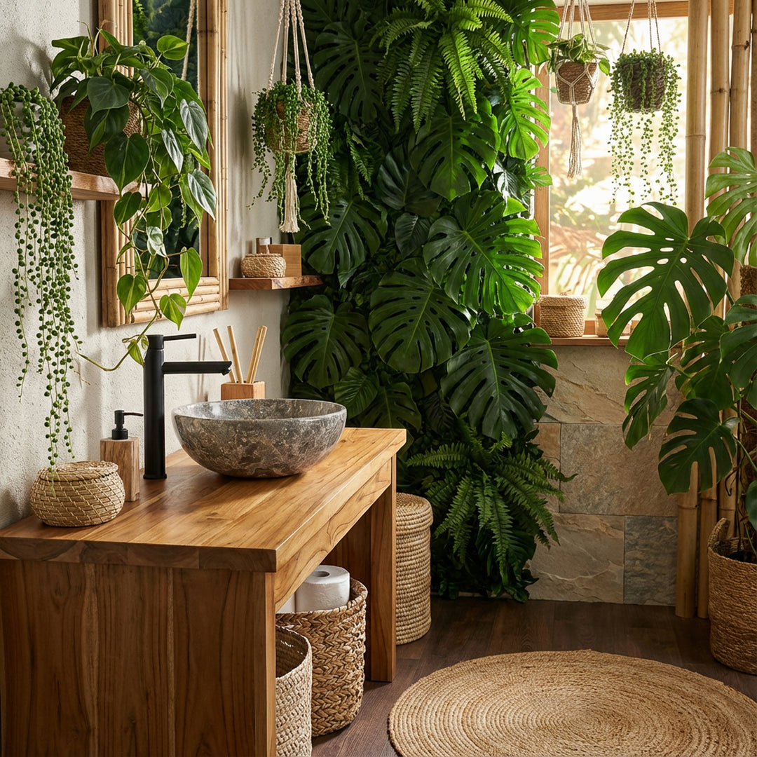Round marble Washbasin with gray grain on a solid wooden vanity in the green jungle bathroom, combined with black fittings, hanging plants and natural daylight