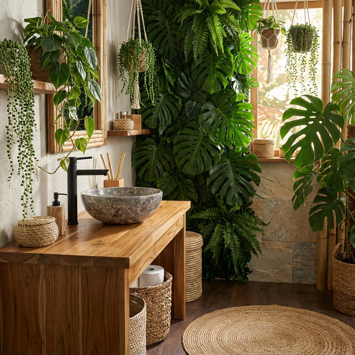 Round marble Washbasin with gray grain on a solid wooden vanity in the green jungle bathroom, combined with black fittings, hanging plants and natural daylight