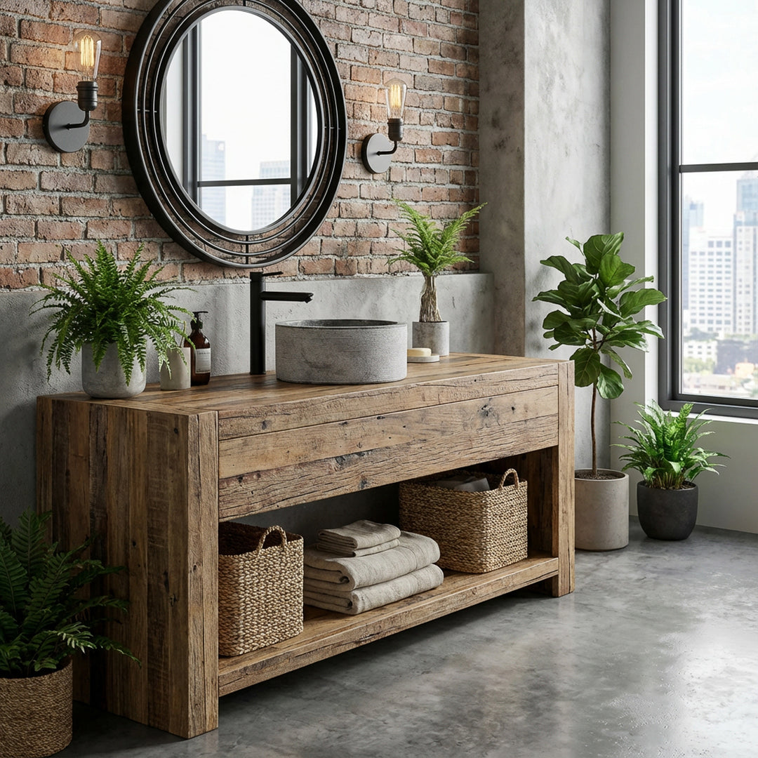 Round natural stone washbasin on a solid wooden console, combined with plants and a mirror in a cozy loft bathroom.