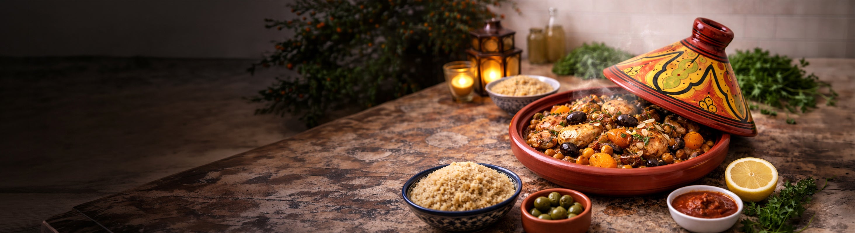 Tajine – Moroccan Tagine as a traditional clay casserole with a painted lid, filled with chicken, vegetables, and olives.