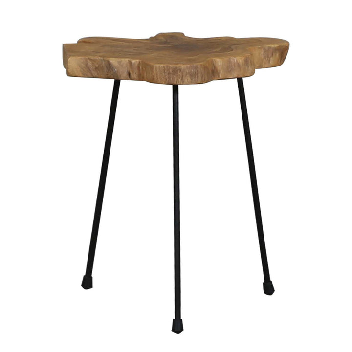 Plant stand with solid teak top on three iron legs