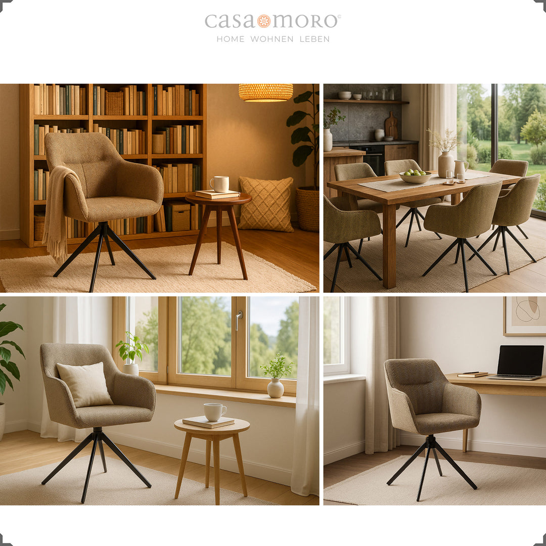 Collage with 360° rotating upholstered chairs with armrests in brown, shown in the dining room, living room, reading corner and home office with warm light
