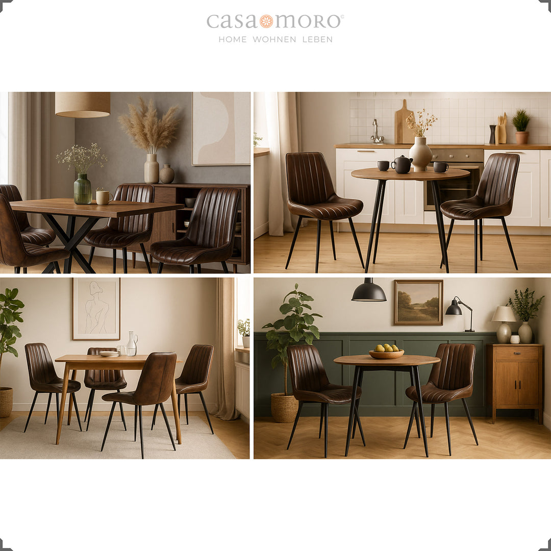 Antique brown genuine leather upholstered chairs in various dining room and kitchen scenes with wooden tables and warm lighting