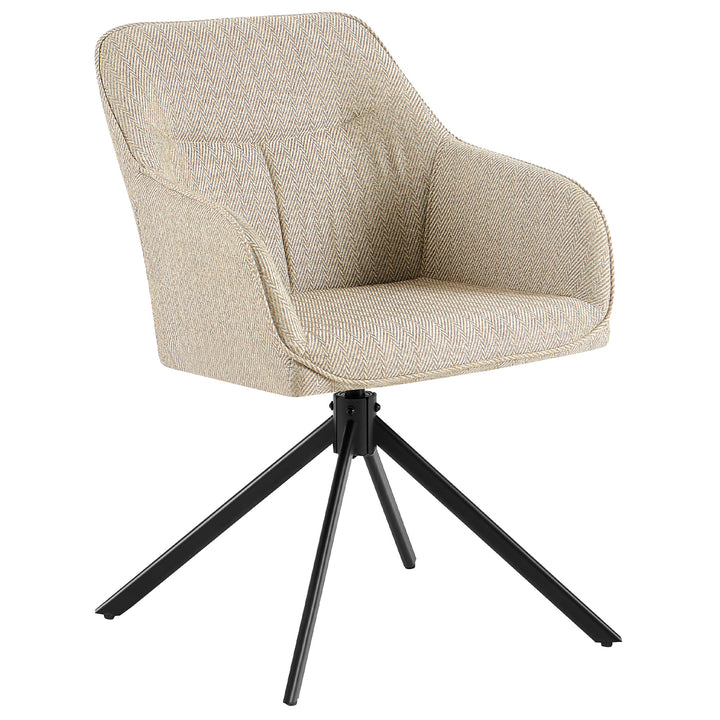 Oblique view of a 360° rotating upholstered chair with armrests in beige, upholstered in a herringbone pattern and a black metal frame in the shape of a tripod