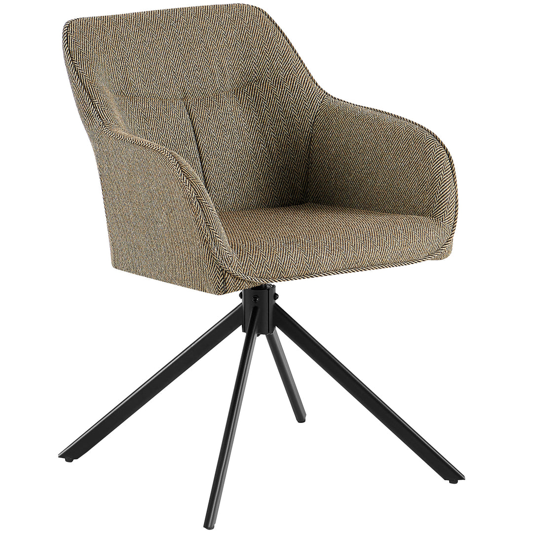 Oblique view of a 360° rotating upholstered chair with armrests in brown, upholstered in a herringbone pattern and a black metal frame in the shape of a tripod