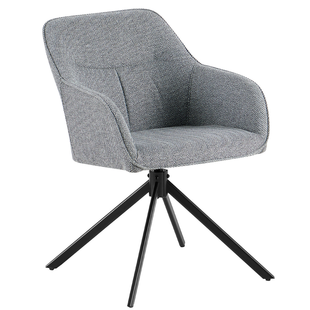 Oblique view of a 360° rotating upholstered chair with armrests in gray, upholstered structural fabric in a herringbone pattern and a black metal frame in the shape of a tripod