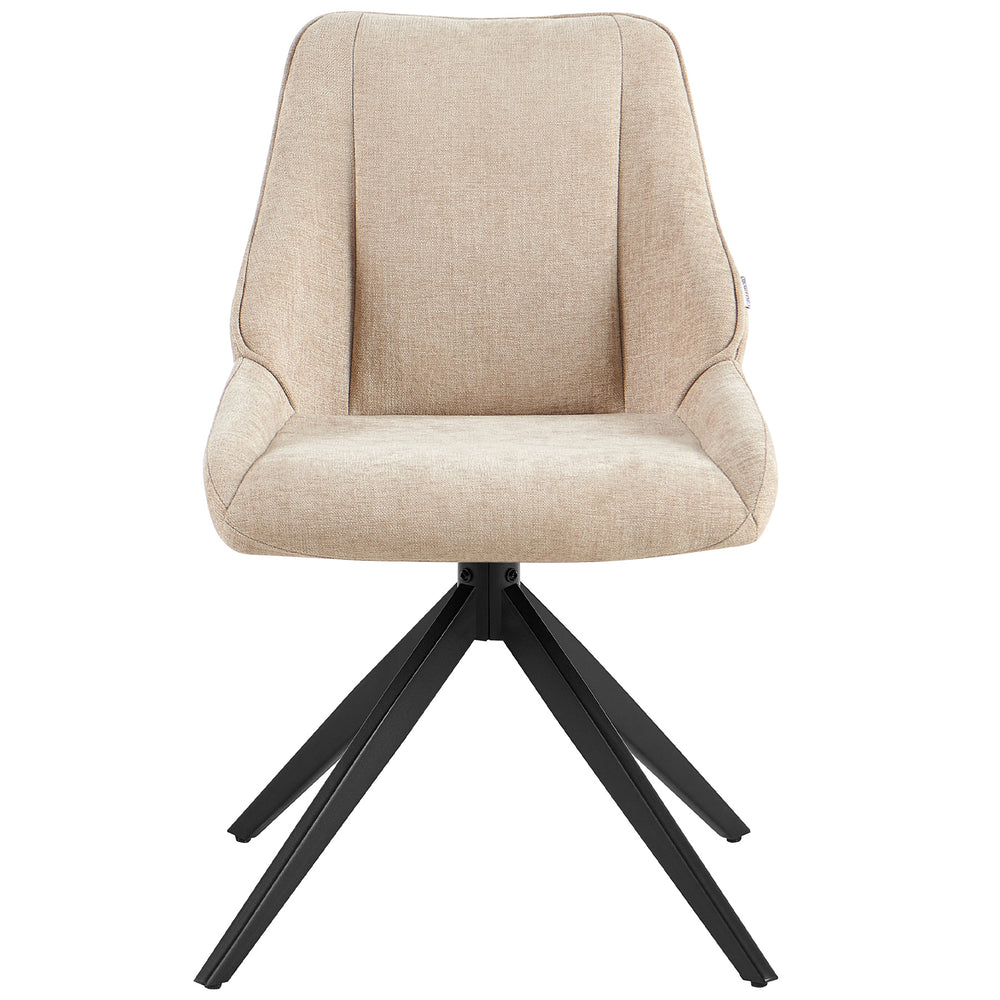Front view of a 360° rotating dining room chair in light brown with an upholstered seat, backrest and black metal frame