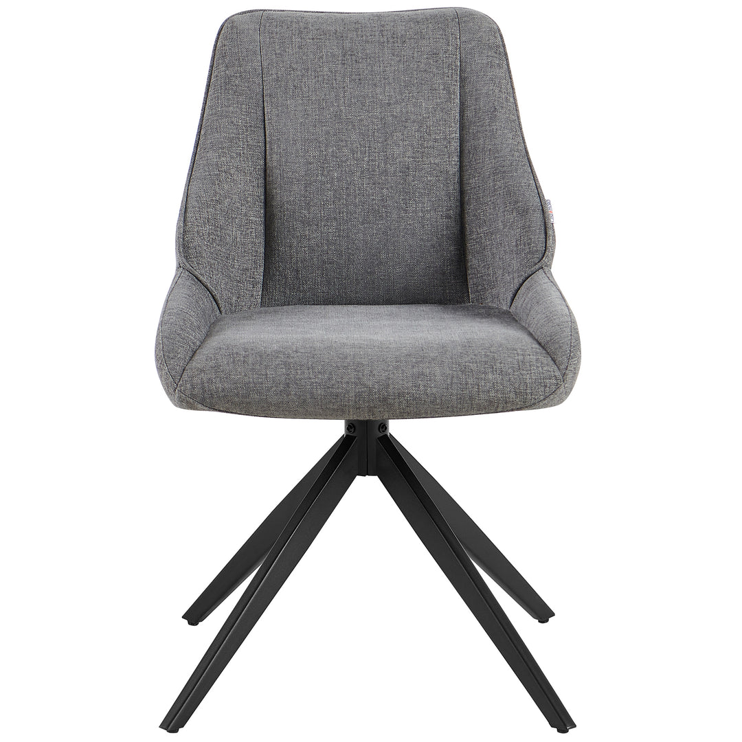 Front view of a 360° rotating dining room chair in gray with an upholstered seat, ergonomic backrest and black metal frame