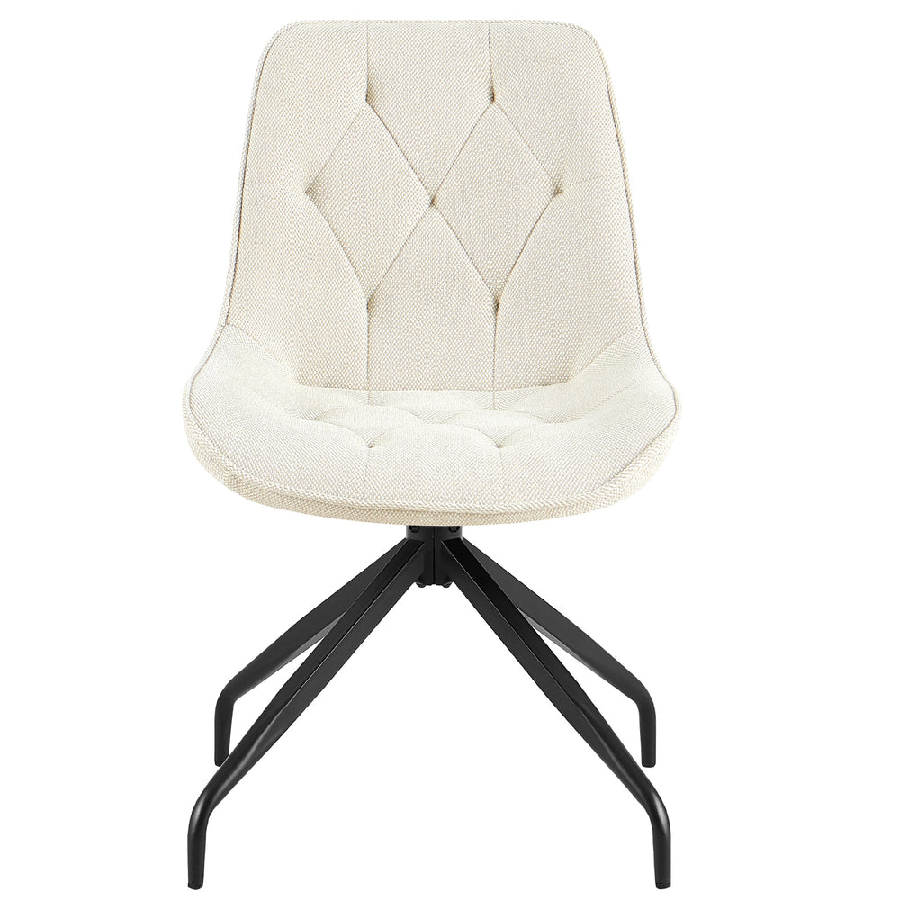 Front view of the upholstered chair that can be rotated 360° in beige with a black metal frame - elegant dining room chair with diamond quilting and ergonomic seat shape