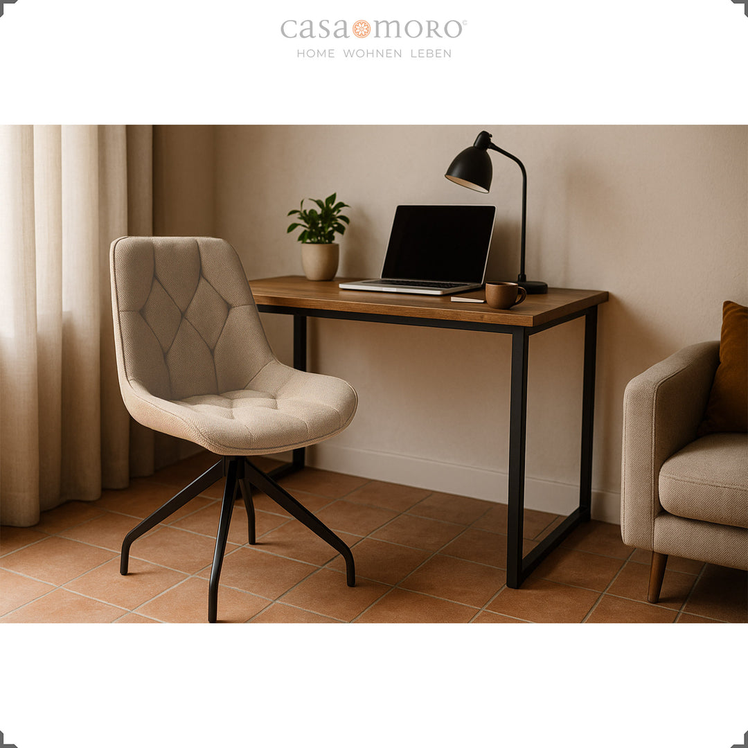 Upholstered chair that can be rotated 360° in brown with a black metal frame - stylish swivel chair at the desk in a modern home office with wood and beige tones