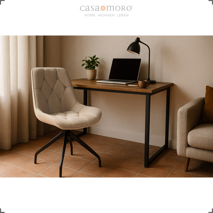 Upholstered chair that can be rotated 360° in brown with a black metal frame - stylish swivel chair at the desk in a modern home office with wood and beige tones