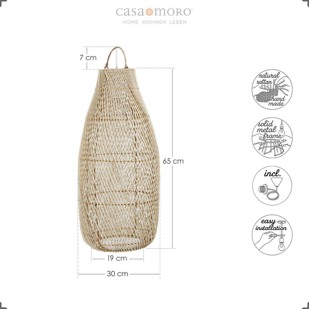 Dimensional drawing of the tall rattan ceiling lamp with handmade weave pattern and assembly icons