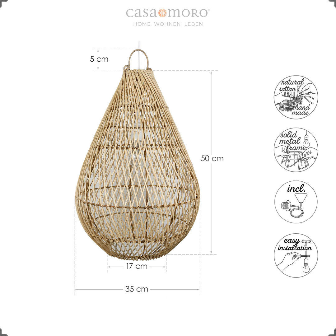 Handcrafted teardrop-shaped rattan ceiling lamp with fine weave and sturdy metal frame