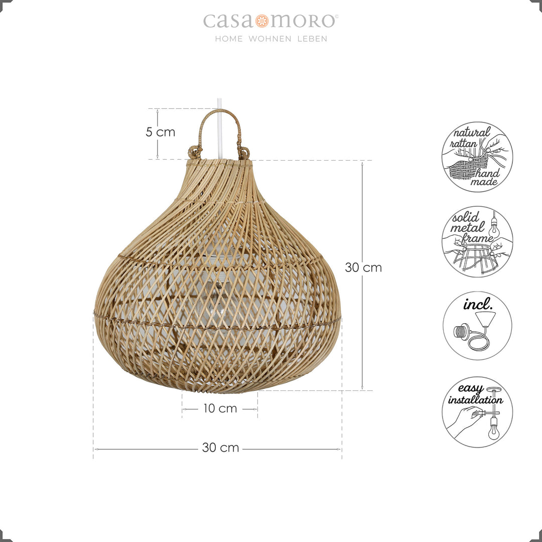 Dimensional drawing of the handmade rattan ceiling lamp with icons for material, assembly and accessories