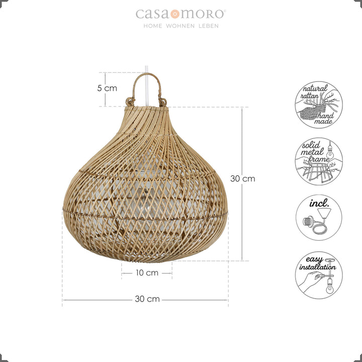 Dimensional drawing of the handmade rattan ceiling lamp with icons for material, assembly and accessories