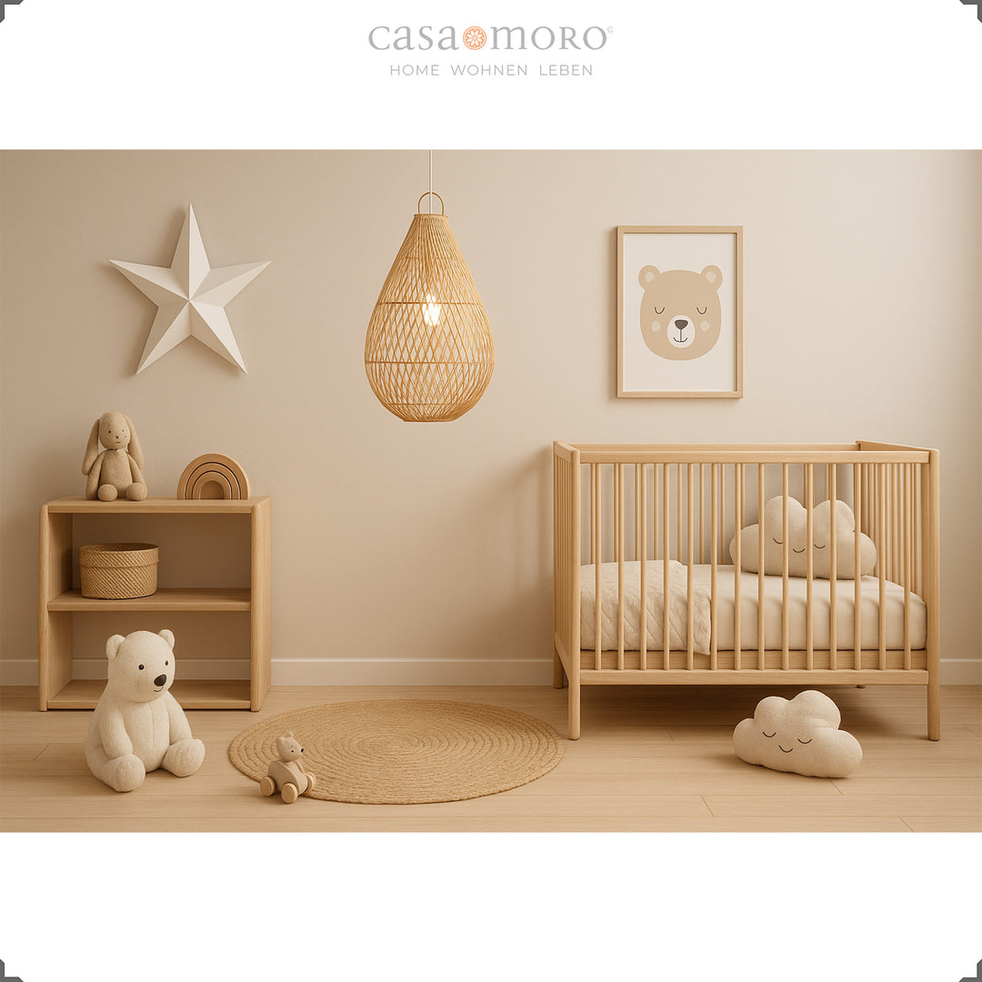 Rattan lamp in teardrop shape as a ceiling light in the children's room, creates warm and soft light