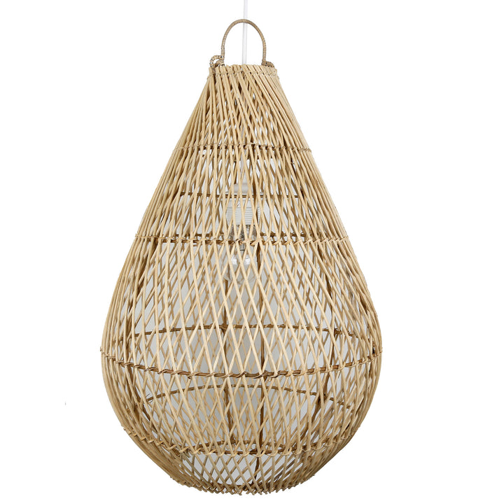 Lampshade made of rattan in the shape of a teardrop with a fine weave pattern and a natural color